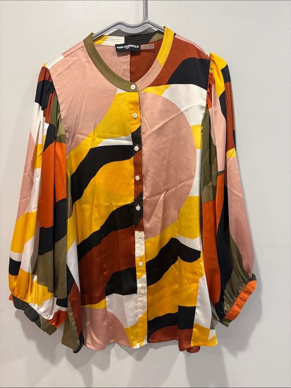 Karl Lagerfeld Colorblock Button-Up Blouse Yellow, Pink & Black ptp 23 length 27